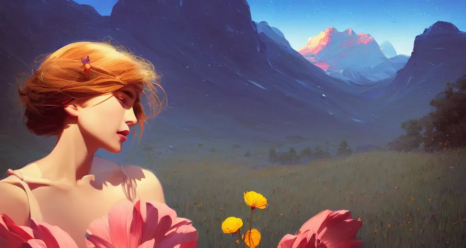 Image similar to a single flower with a few petals behind a beautiful mountain landscape, night setting. realistic shaded lighting poster by ilya kuvshinov katsuhiro, magali villeneuve, artgerm, jeremy lipkin and michael garmash, rob rey and kentaro miura style, trending on art station