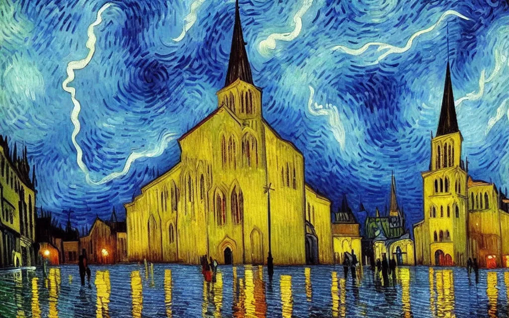 Image similar to atmospheric detailed expressionist oil painting of lightning storm over a tall gothic church, landscape painting, expressionism, blues, dramatic lighting, 8 k resolution detailed art, small brushstrokes, watercolor palette, painted by vincent van gogh