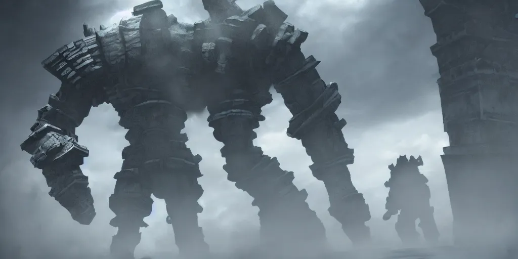 Image similar to colossus from shadow of the colossus with a white fur, fog, dark, fantasy, clean room, unreal engine, digital art