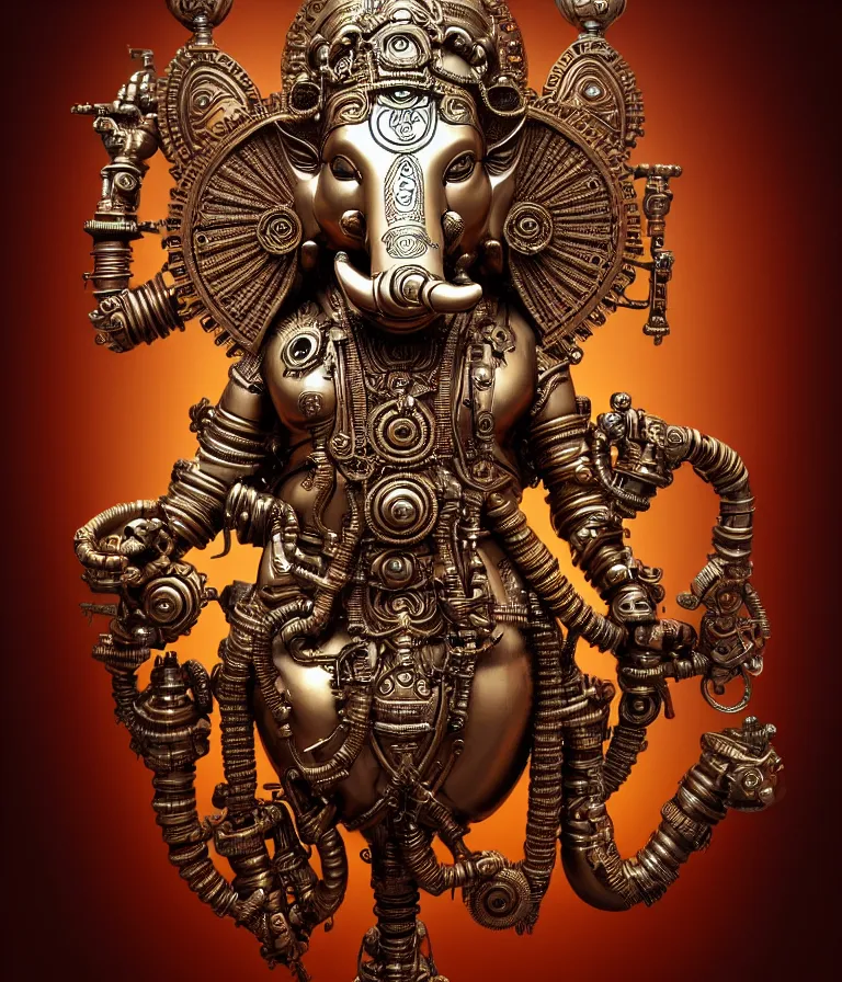 Prompt: steampunk cybernetic biomechanical indian god ganesha, front facing, symmetric, 3 d model, very coherent symmetrical artwork, unreal engine realistic render, 8 k, micro detail, intricate, elegant, highly detailed, centered, digital painting, artstation, smooth, sharp focus, illustration, artgerm, tomasz alen kopera, wlop