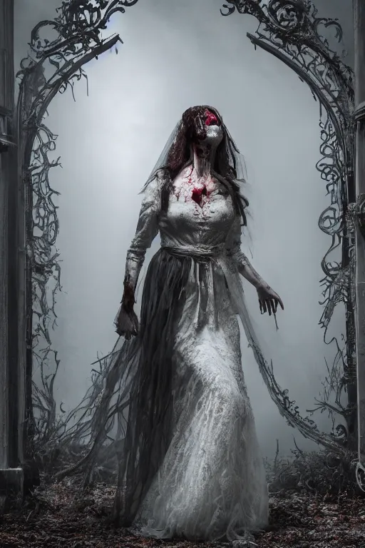 Image similar to a zombie bride with flowing dress and veil at the ornate gate of a decrepit house, night, mist, smoke, scary, spooky, dramatic lighting, moody, style of stephen jones, bernie wrightson, derek riggs, virgil finlay, fantasy, horror, octane render 8 k