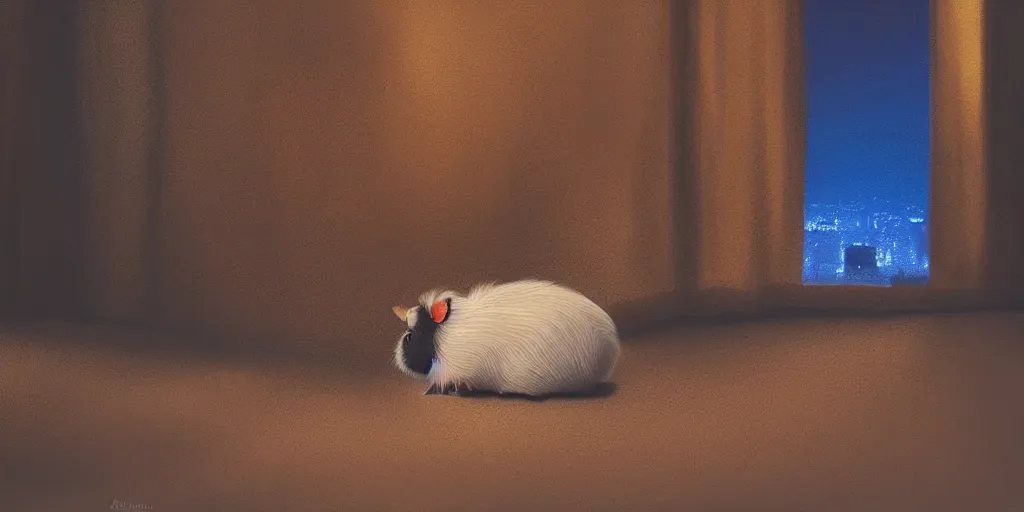 Prompt: a guinea pig sits looking out the window at night, watching cars go by on a road in Paris, 4k photorealism