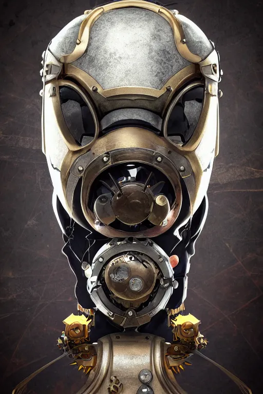 Image similar to steampunk mask minimalist fantasy art robot ninja helmet, global illumination ray tracing hdr fanart arstation by sung choi and eric pfeiffer and gabriel garza and casper konefal radiating a glowing aura