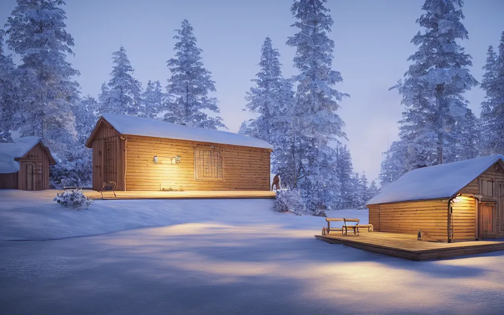 Prompt: finnish sauna architectural visualization, hotel, winter scene, cozy, corona render, rendered in vray, evening light, lakeside, dof, mountainous landscape, pine forest, evermotion, ronen bekerman, contest winner, archviz, peter guthrie, ultradetailed, photorealistic, mir. no