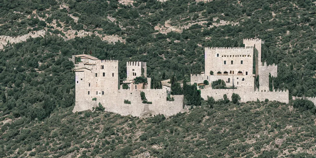 Prompt: an italian castle high on a mountain, sunny day, olive grove, high detail, 8 k, award winning, behance, by lorenzo lanfranconi