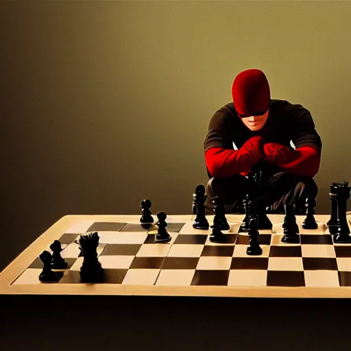 Image similar to daredevil pondering next to a chess set, photograph, octane, painting by greg ruthowski, artstation