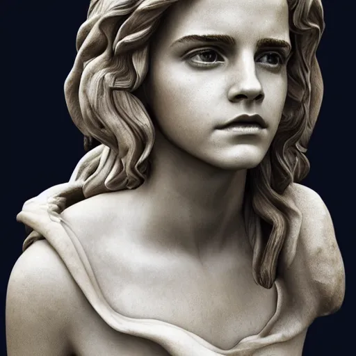 Prompt: emma watson as as a baroque marble statue, hyper realistic, unreal render engine, studio shot, dynamic light, gallery