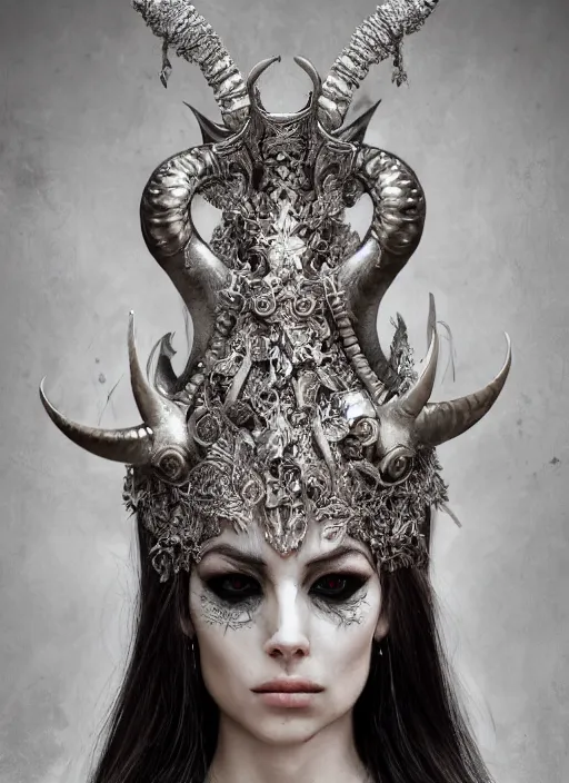 Image similar to a portrait of female by nekro borja, photorealistic, intricate details, hyper realistic, fantasy, elegant, baroque, horn, ram skull headpiece, photorealistic, photography, symmetrical features, symmetrical pose, wearable art, unreal engine,