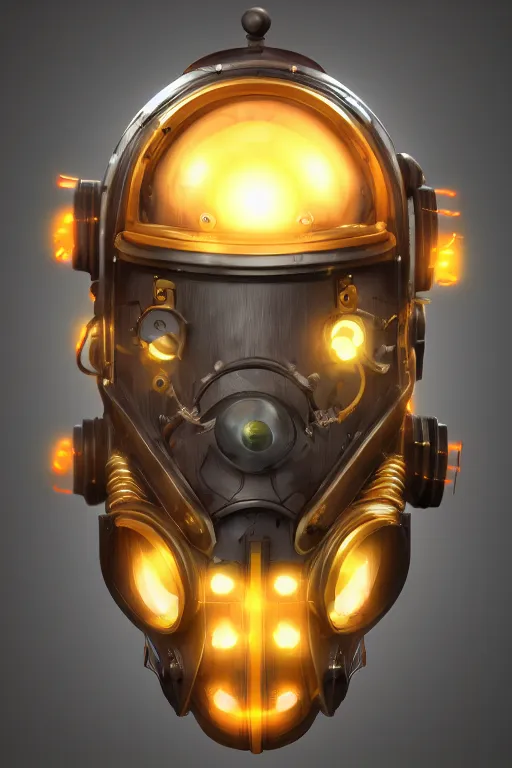 Image similar to steampunk mask minimalist fantasy art robot ninja helmet, global illumination ray tracing hdr fanart arstation by sung choi and eric pfeiffer and gabriel garza and casper konefal radiating a glowing aura