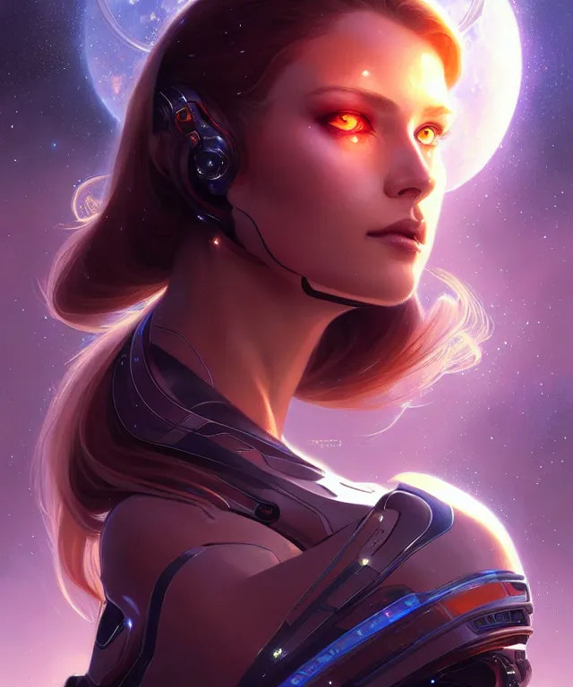 Image similar to futuristic space woman portrait, sci-fi, amber eyes, face, long hair, fantasy, intricate, elegant, highly detailed, digital painting, artstation, concept art, smooth, sharp focus, illustration, art by artgerm and greg rutkowski and alphonse mucha