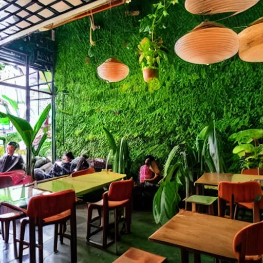 Image similar to a cafe in Vietnam, many green plants on walls and on tables, good atmosphere, relaxing, calming place, good design, people sitting down enjoying drinks