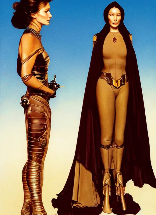 Prompt: full body and head portrait of bella hadid as gaius helen mohiam bene gesserit mother in dune 1982, by norman rockwell and jason fabok and tom lovell and frank schoonover and dean cornwell