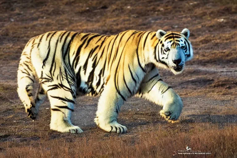 Image similar to a tiger polar bear!!! hybrid! hyper realistic!! realistic lighting!! wildlife photographer of the year!!! bold natural colors, national geographic, hd, wide angle, 8 k