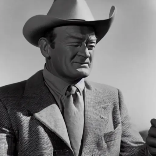 Prompt: a still of John Wayne as Homelander