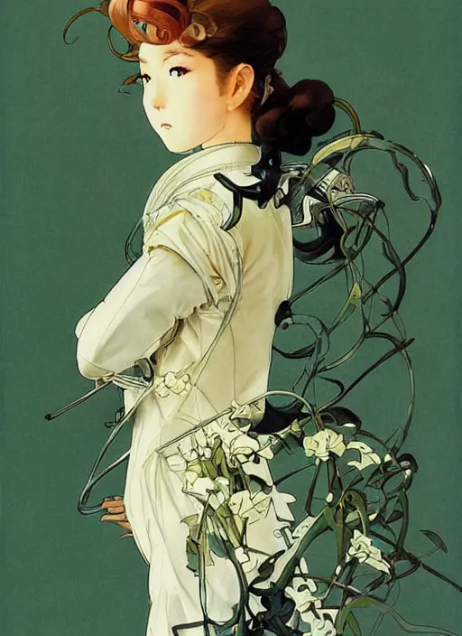 Prompt: a copic maker art nouveau portrait of a japanese anime girl detailed features wearing weeding puffy dress and a pilot suit designed by balenciaga by john berkey, norman rockwell akihiko yoshida