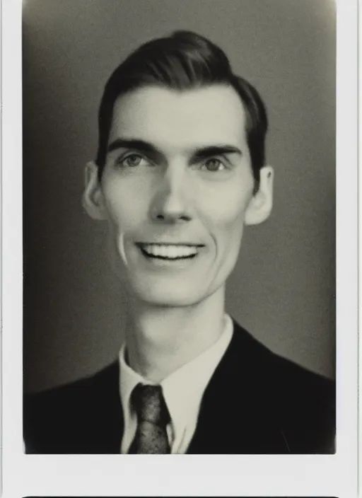 Prompt: Polaroid photo of a tall thin pale man gesturing at the camera, tilting his head with an inhuman grin