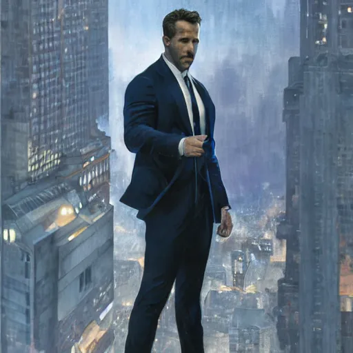 Image similar to ryan reynolds as spider - man, wearing a black and blue suit, cinematic, volumetric lighting, f 8 aperture, cinematic eastman 5 3 8 4 film, photorealistic by greg rutkowski, by stanley artgerm, by alphonse mucha