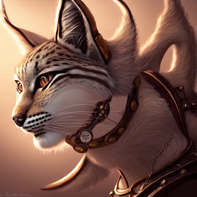 Image similar to the portrait of anthropomorphic lynx fursona wearing a steampunk suit as unimaginably beautiful, gorgeous, elegant, young lynx, an ultrafine hyperdetailed illustration by furaffinity, intricate linework, white fur, unreal engine 5 highly rendered, global illumination, radiant light, detailed and intricate environment