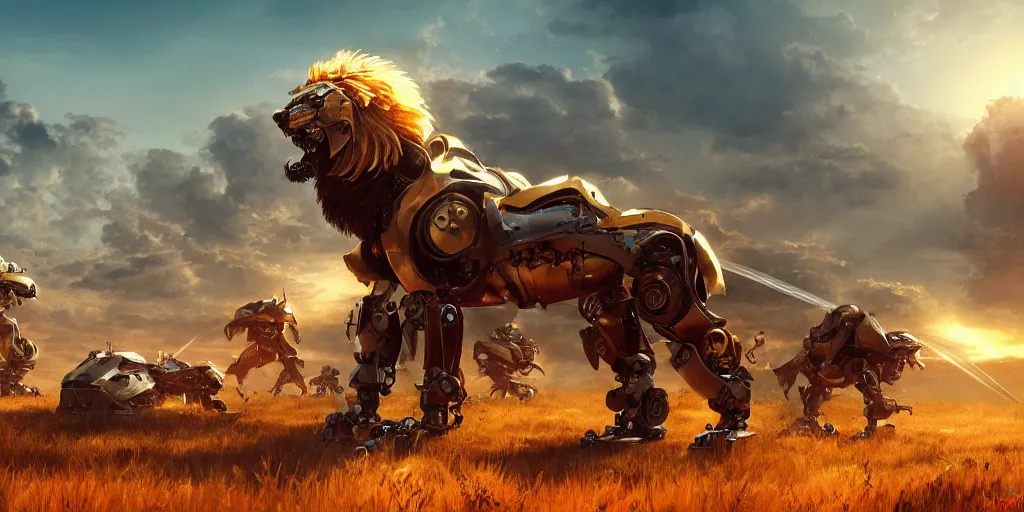 Image similar to robot lion, battlefield with scattered swords, two suns, artstation, cinematic