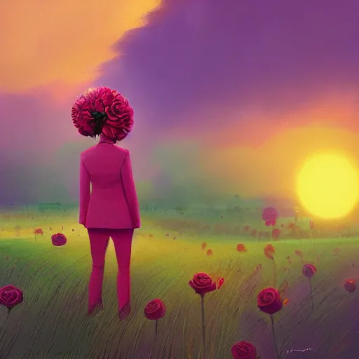 Image similar to closeup, giant rose flower head, frontal, girl in a suit, surreal photography, sunrise, dramatic light, impressionist painting, digital painting, artstation, simon stalenhag