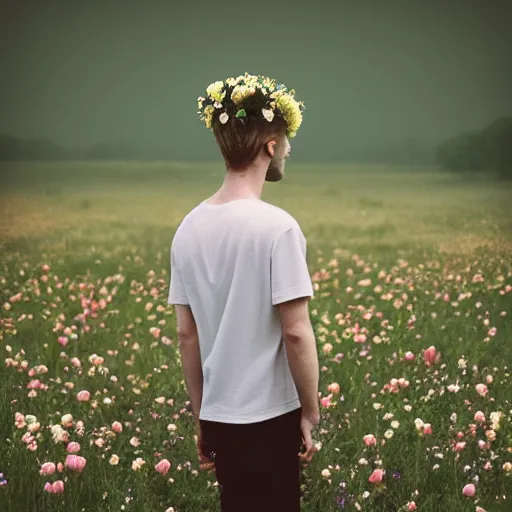 Image similar to kodak portra 4 0 0 photograph of a skinny blonde goth guy standing far back in a field of flowers, back view, flower crown, moody lighting, telephoto, 9 0 s vibe, blurry background, vaporwave colors, faded!,