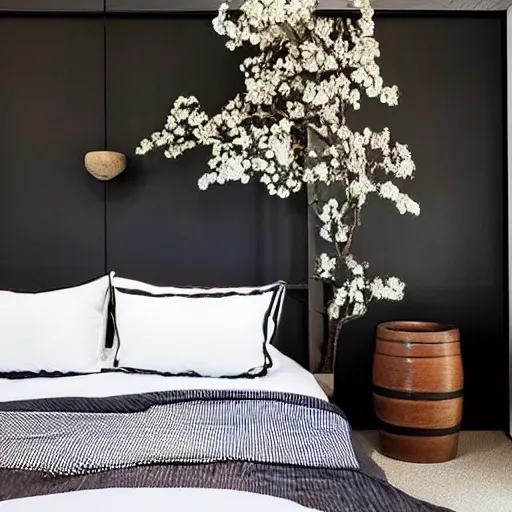 Image similar to bedroom, stone, interior design, stylish luxury hotel bedroom design, yakisugi, black vertical slatted timber, textures, feminine, black walls, art, Japanese pottery vase with flowers, kakejiku, seasonal, Japanese influences