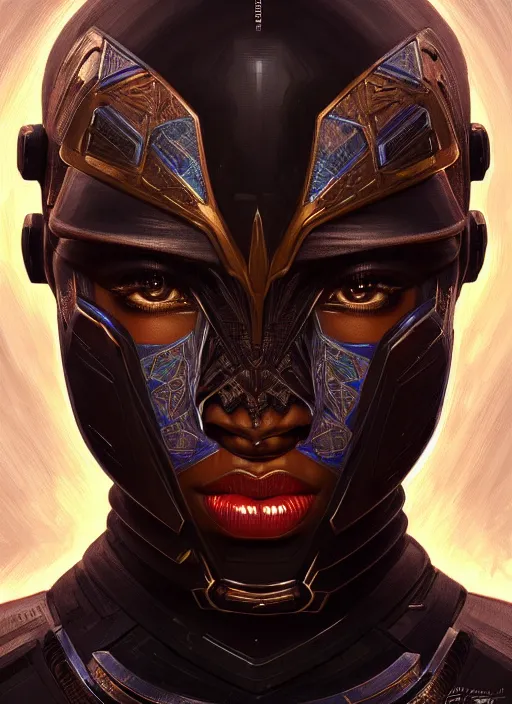 Prompt: symmetry!! portrait of an african warrior, sci - fi armour, tech wear, muscular!! sci - fi, intricate, elegant, highly detailed, digital painting, artstation, concept art, smooth, sharp focus, illustration, art by artgerm and greg rutkowski and alphonse mucha