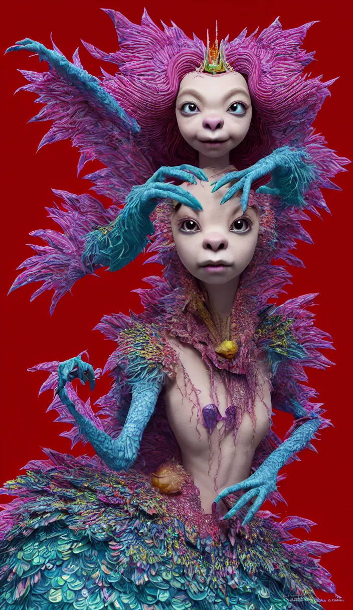 Prompt: hyper detailed 3d render like a Oil painting - kawaii portrait Aurora (a beautiful skeksis muppet fae queen from dark crystal that looks like Anya Taylor-Joy) seen red carpet photoshoot in UVIVF posing in scaly dress to Eat of the Strangling network of yellowcake aerochrome and milky Fruit and His delicate Hands hold of gossamer polyp blossoms bring iridescent fungal flowers whose spores black the foolish stars by Jacek Yerka, Ilya Kuvshinov, Mariusz Lewandowski, Houdini algorithmic generative render, Abstract brush strokes, Masterpiece, Edward Hopper and James Gilleard, Zdzislaw Beksinski, Mark Ryden, Wolfgang Lettl, hints of Yayoi Kasuma, octane render, 8k