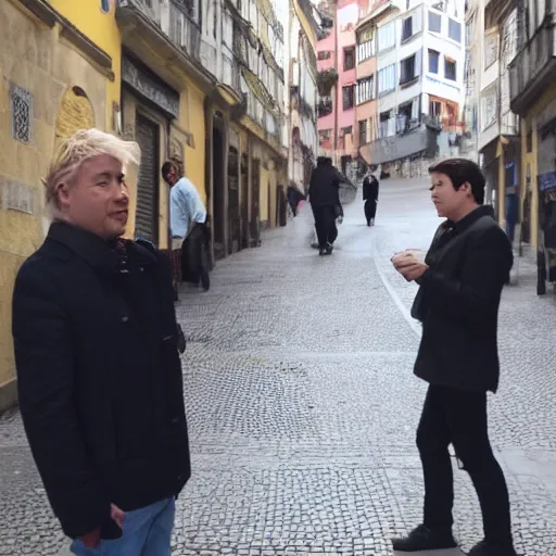 Prompt: a blonde woman & Michael mcintyre searching for food in Porto