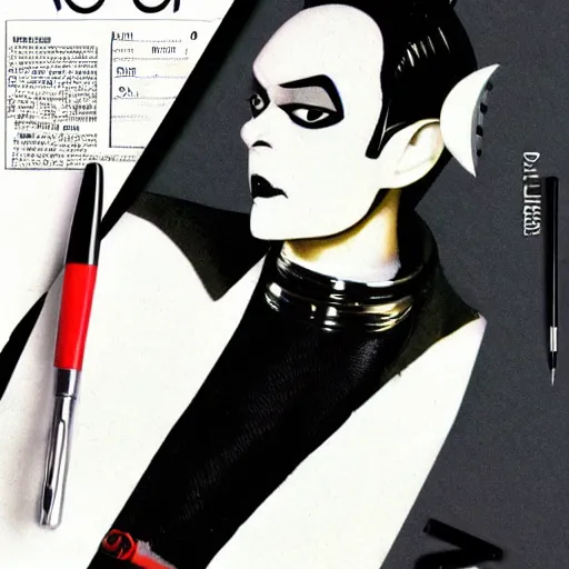 Image similar to a high quality product photo ad of klaus nomi with a technical reed rollerball pen exacto knife by junji ito, uni - ball ethereal eel