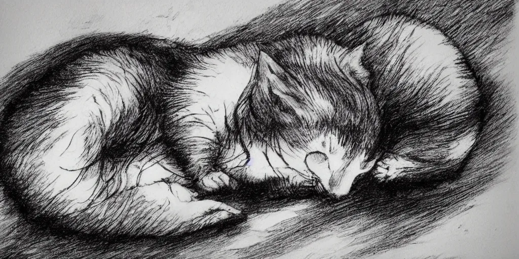 Image similar to ink lineart drawing of a sleeping cat, white background, etchings by goya, chinese brush pen illustration, high contrast, deep black tones, contour