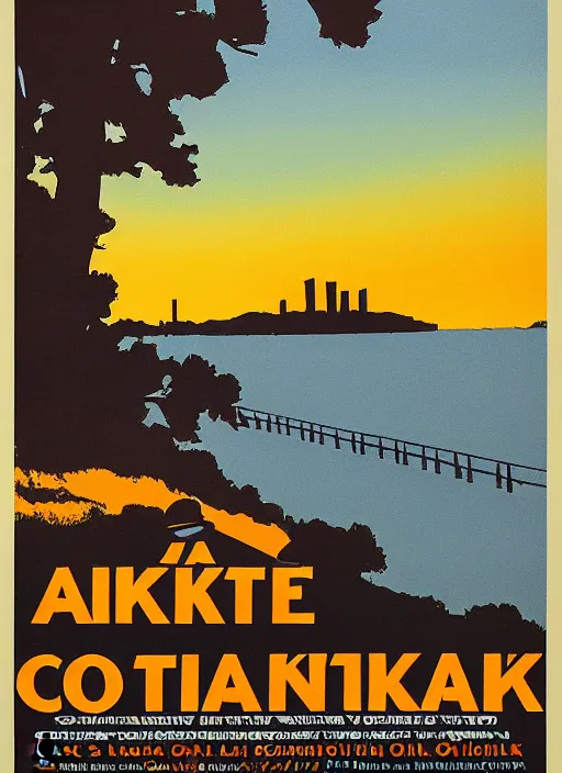 Image similar to a vintage vacation poster for lake merritt in oakland with a smoky dark orange sky