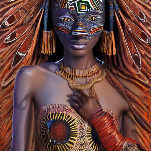 Image similar to a beautiful woman with an african mask, wearing an african dress, shaman, zulu, by alex gray and android jones, karol bak, ilya golitsyn, ayami kojima, amano, concept art, character design, fantasy, 3 d, 8 k resolution