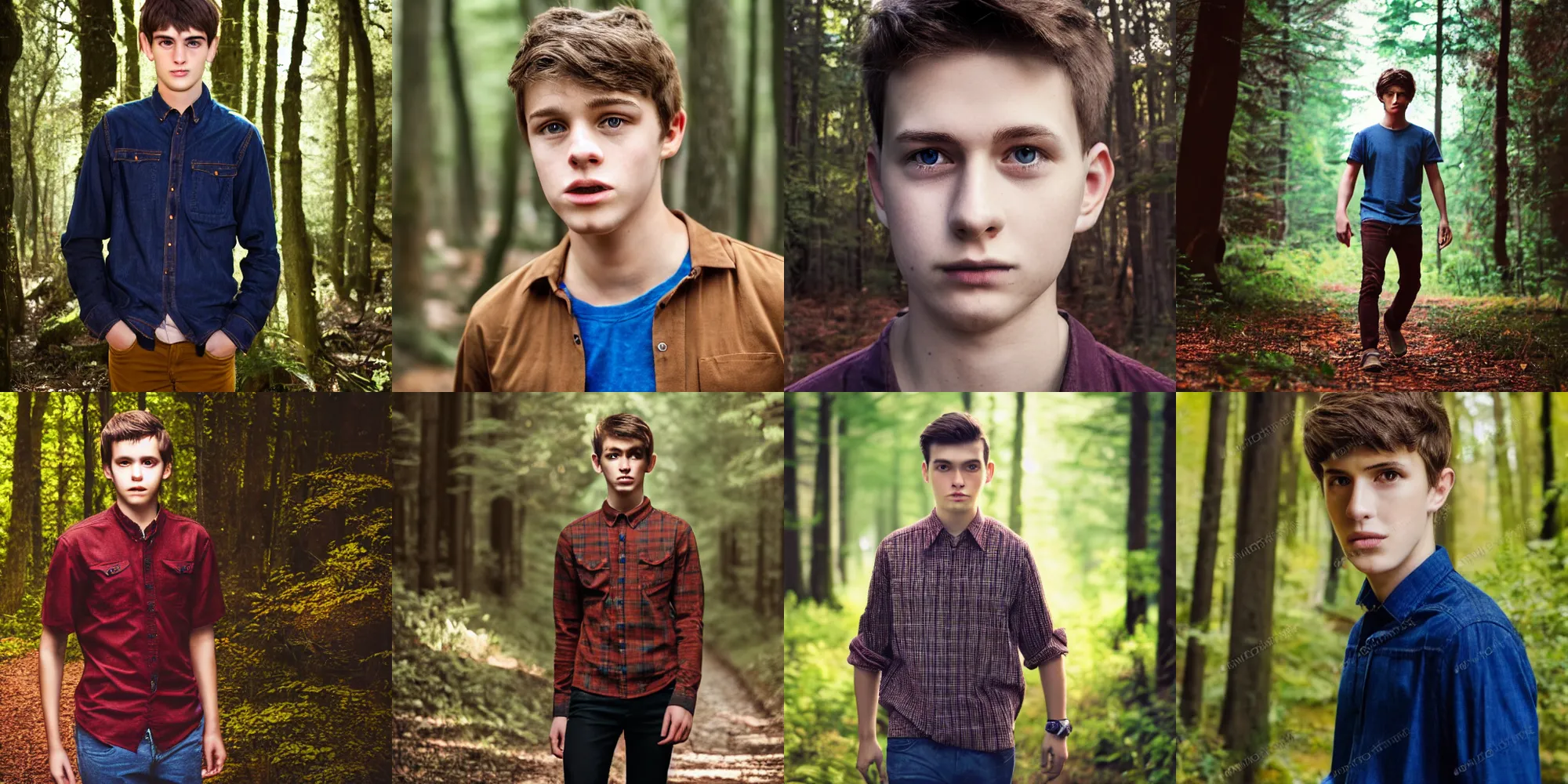 Prompt: walking in forest, portrait, male teenager, dark shaped eyes, brown hair, red shirt, blue jeans, detailed face, realistic photo.
