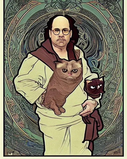 Image similar to “ george costanza!!!!!!!!!!!!! from seinfeld holding grumpy cat, halo, art nouveau, extremely detailed, by alphonse mucha ”