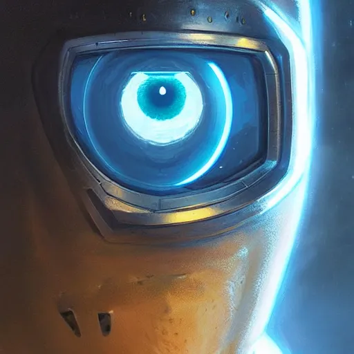 Prompt: robot with glowing blue eye as a realistic scifi cyberpunk knight, closeup portrait art by donato giancola and greg rutkowski, realistic face, digital art, trending on artstation, symmetry!!!