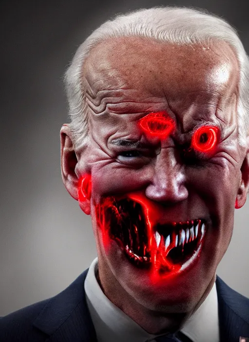 Image similar to hyper realistic ultra realistic horror terror dimensional photo furious glowing red eyes biden, high quality photo, detailed , 8k