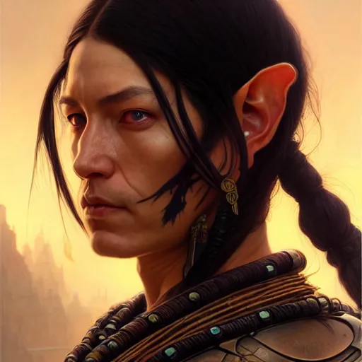 Image similar to portrait painting of a cyberpunk native american elven street samurai, ultra realistic, concept art, intricate details, eerie, highly detailed, photorealistic, octane render, 8 k, unreal engine. art by artgerm and greg rutkowski and charlie bowater and magali villeneuve and alphonse mucha