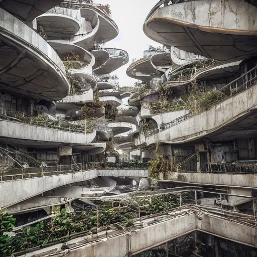 Image similar to of a dystopian city abandoned with debris, nice lighting, building full of plants, futurism, mc Escher, photography, architecture, 8k, detailed