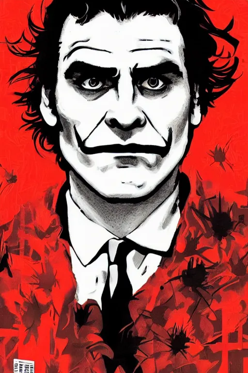 Image similar to joaquin phoenix, little bruce wayne, red flower, joker, comic book cover, issues 2 0, by dc comics, justify content center, delete duplicate object content!, violet polsangi pop art, gta chinatown wars art style, bioshock infinite art style, incrinate, realistic anatomy, hyperrealistic, 2 color, white frame, content balance proportion