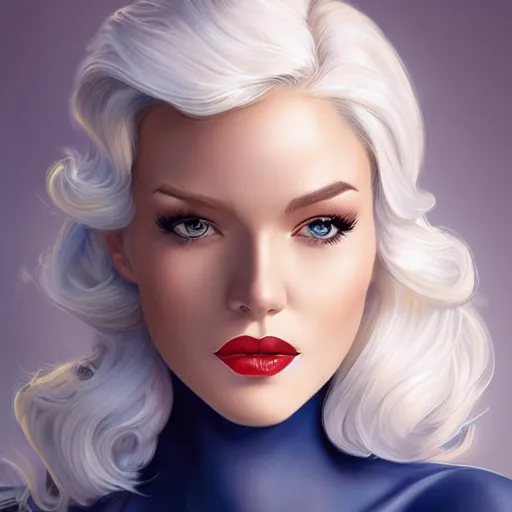 Image similar to a beautiful pin - up portrait of a beautiful cute superhero woman, blonde hair, matte navy - blue bodysuit, white cape, intricate, elegant, 8 k, highly detailed, digital painting, concept art, smooth, sharp focus, illustration, by artgerm loish wlop