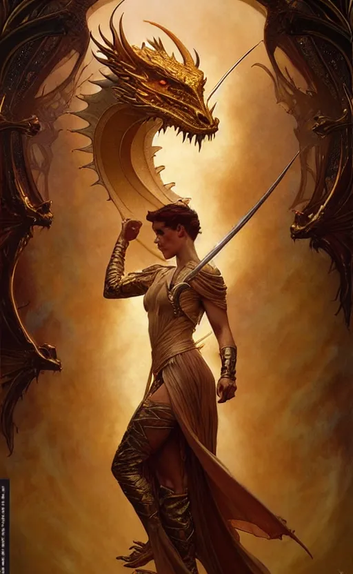 Image similar to magic gold dragon gorgeous lighting by weta studio, mucha, bautista and norman rockwell and greg rutkowski and tom bagshaw and james gurney and lucasfilm