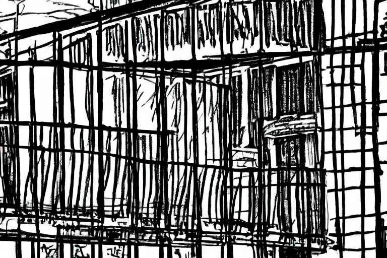 Image similar to a one line drawing of an urban balcony, solid background, black and white