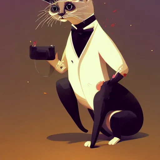 Image similar to cute fashion vogue kittycat man man wearing a cat costume wearing a tuxedo ripped physique gerald brom bastien grivet greg rutkowski portrait