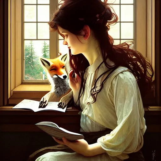 Image similar to Portrait of a girl and a fox in a cozy windowed study, reading a book while light streams in through the skylight, fantasy, intricate, elegant, highly detailed, digital painting, artstation, concept art, smooth, sharp focus, illustration, art by Krenz Cushart and Artem Demura and alphonse mucha