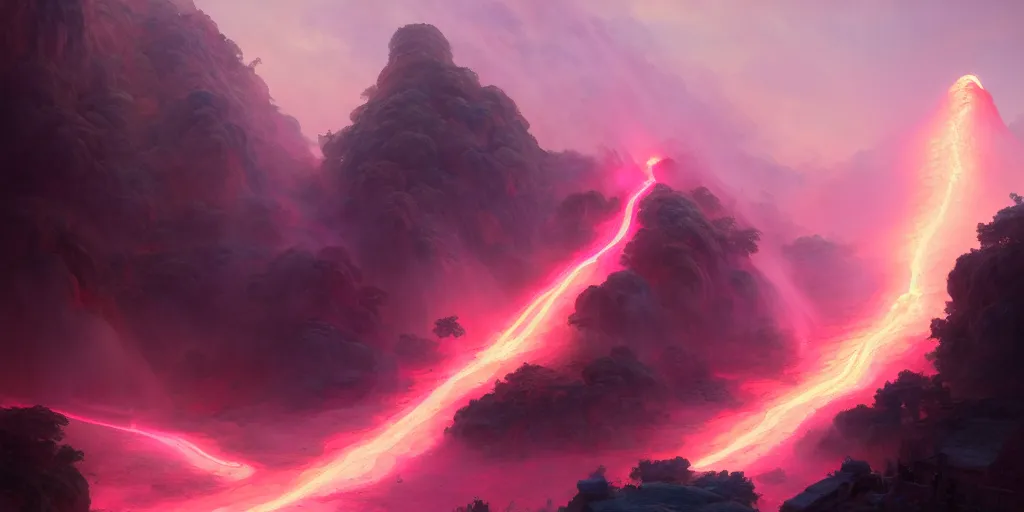 Image similar to a pink volcano flowing through the streets of a ancient greek city, extremely detailed digital painting, in the style of fenghua zhong and ruan jia and jeremy lipking and peter mohrbacher, mystical colors, rim light, beautiful lighting, 8 k, stunning scene, raytracing, octane, trending on artstation