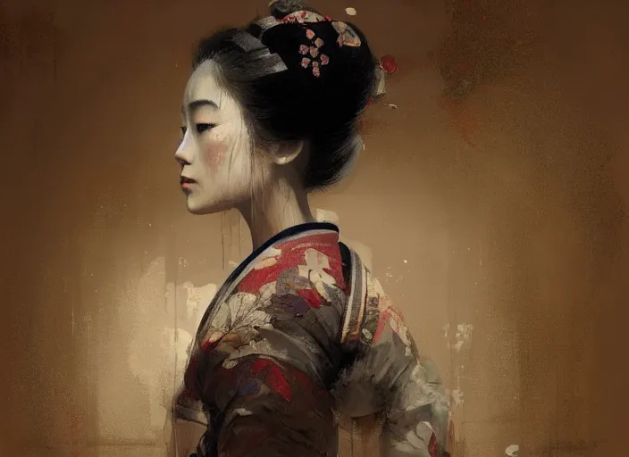 Image similar to female geisha girl, beautiful face, rule of thirds, intricate outfit, spotlight, by greg rutkowski, by jeremy mann, digital painting