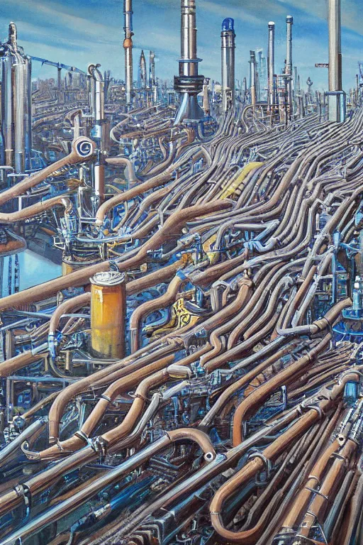 Prompt: oil painting, extra long-vie, hight detailed, thousand small melting industrial pipes, in style of 80s sci-fi art