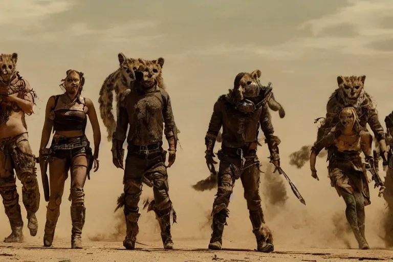 Image similar to a film still from the movie mad max fury road of the anthropomorphic anthro cheetah wolf lizard raiders wearing scavenger clothes standing in the post apocalyptic wasteland