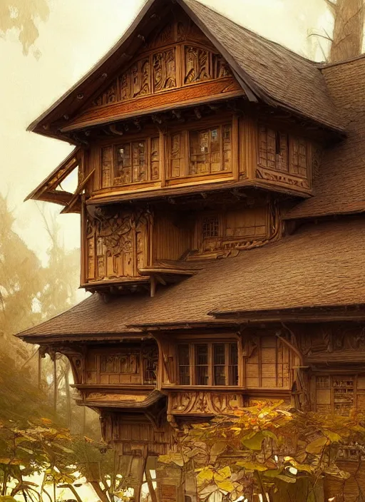 Image similar to wooden house in a wood musically gifted intricate, elegant, highly detailed, digital painting, artstation, concept art, smooth, sharp focus, illustration, art by artgerm and greg rutkowski and alphonse mucha